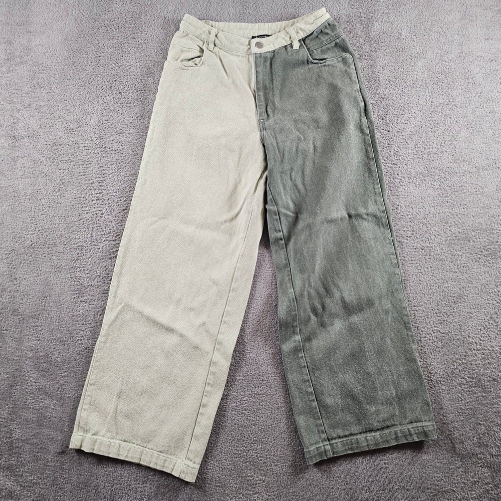 Paper Moon Two Tone Colorblock Wide Leg Pants Sage Green Cream Cotton M 26
